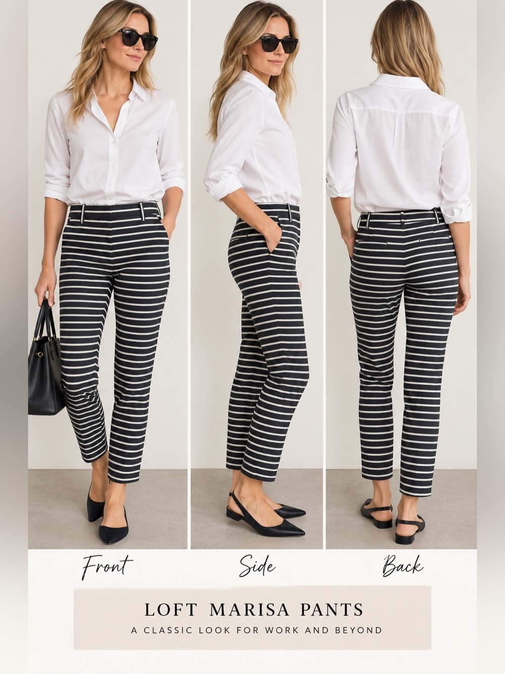 LOFT Marisa Pants Size 8 Black White Striped Slim Ankle Career Office